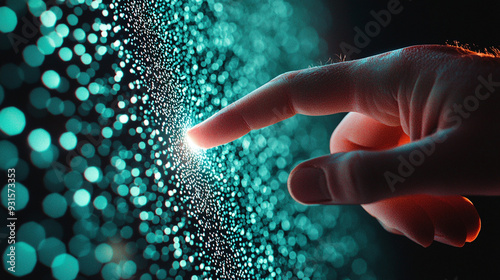 close-up of a finger making contact with a static screen that hints at a hidden, surreal dimension beyond