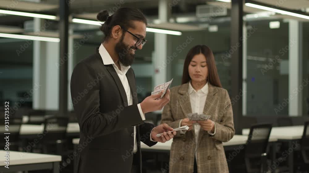 Sad offended upset Asian woman hold little money envy jealousy look at happy smiling successful Indian colleague many cash man count banknotes inequality equal pay discrimination business injustice Sad offended upset Asian woman hold little money envy jealousy look at happy smiling successful Indian colleague many cash man count banknotes inequality equal pay discrimination business injustice