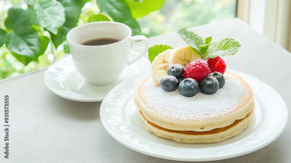 Warm pancakes stacked high with vibrant fruit and syrup served on a sunny morning for a delightful breakfast treat. Warm pancakes stacked high with vibrant fruit and syrup served on a sunny morning for a delightful breakfast treat.