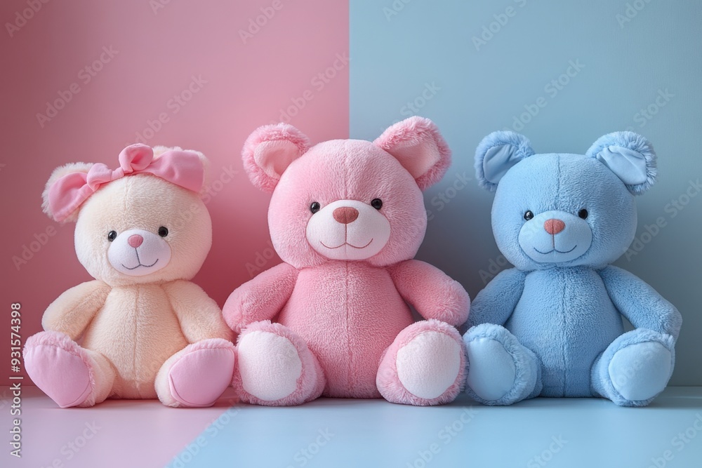 Adorable Trio of Plush Teddy Bears in Pastel Colors on Split Pink and Blue Background Adorable Trio of Plush Teddy Bears in Pastel Colors on Split Pink and Blue Background