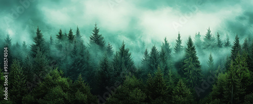 Mossy ground in the middle of an endless spruce forest background banner, a foggy sky, cinematic, epic, wide-angle