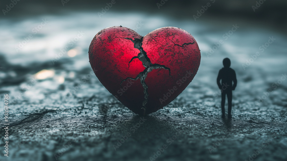 Fototapeta premium Broken big red heart with cracks and a silhouette of a person next to it.