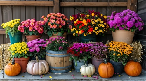 Bright colorful festive composition seasonal multicolor mum flower pot decorated pumpkins vegetables on yellow harvest hay bale porch home yard garden Halloween holidays autumn decorat : Generative AI