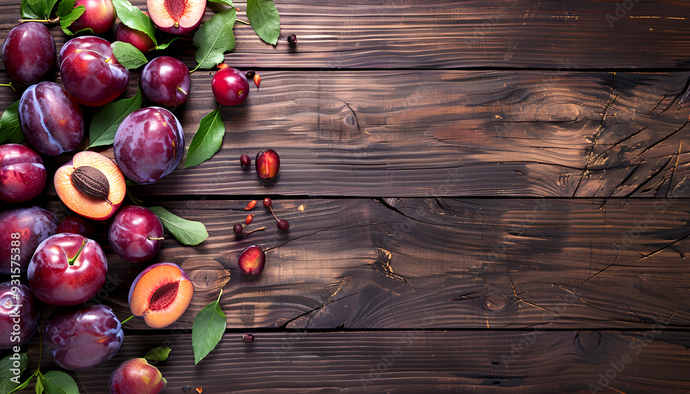 Naklejka premium Ripe plums on wooden background