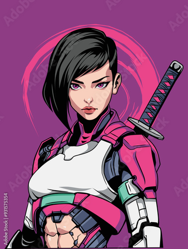 Cyber Samurai Girl in Pink Armor with Sword Vector Design Illustration