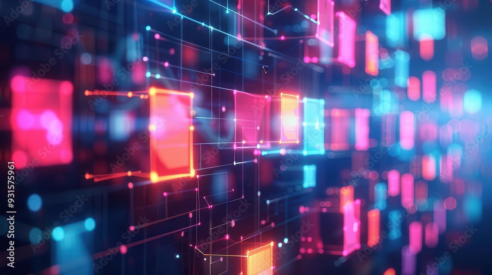 Obraz premium Futuristic sticky notes connections, flat design, side view, futuristic theme, animation, Triadic Color Scheme