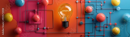Design thinking flowchart, flat design, top view, ideas theme, 3D render, vivid color scheme