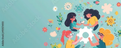 Imagination in teamwork, flat design, top view, abstract theme, animation, colored pastel