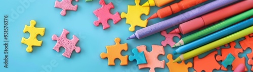 Puzzle piece solutions, flat design, top view, art supplies theme, animation, colored pastel