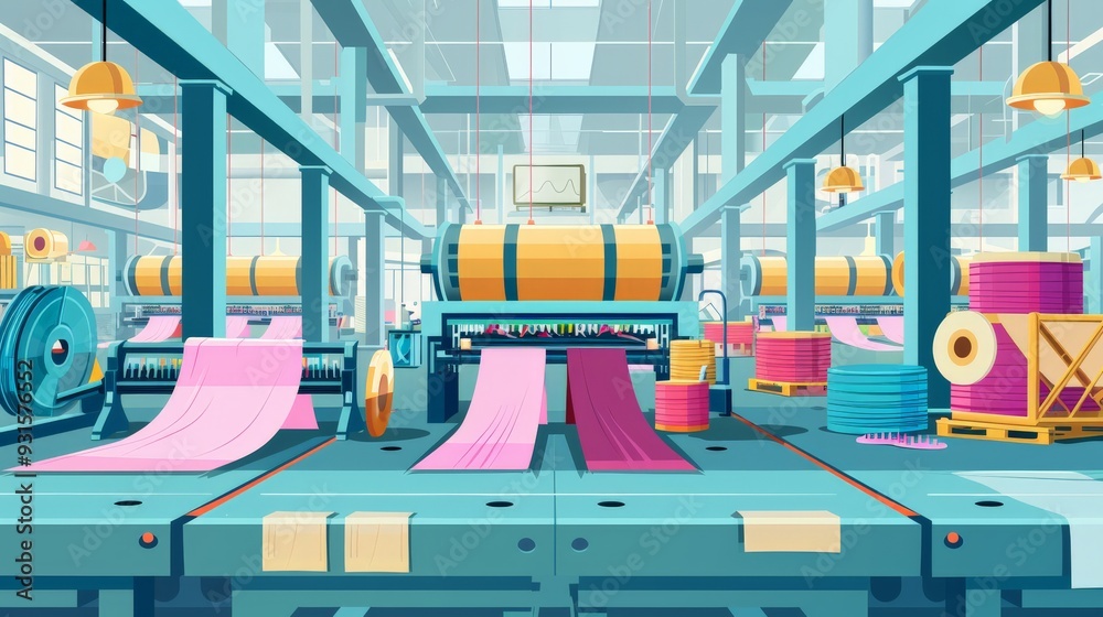View of a textile factory weaving fabric flat design front view textile ...