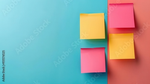 Sticky notes, flat design, top view, futuristic theme, cartoon drawing, Triadic Color Scheme