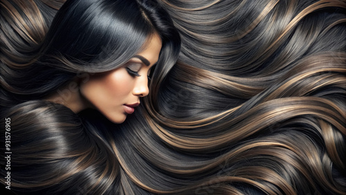 Beautiful hair. Beauty woman brunette with long shiny highlighted hair as background