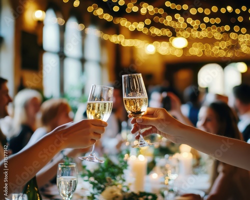 A wedding reception under twinkling lights, guests raising glasses in a toast, happy people, celebration and wellbeing photo