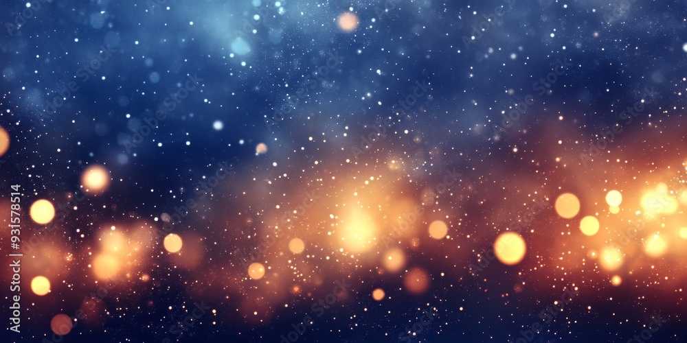 Fototapeta premium Festive bokeh lights in warm golden and cool blue tones on a dark background. Ideal for holiday greetings, party invitations, or seasonal promotions.