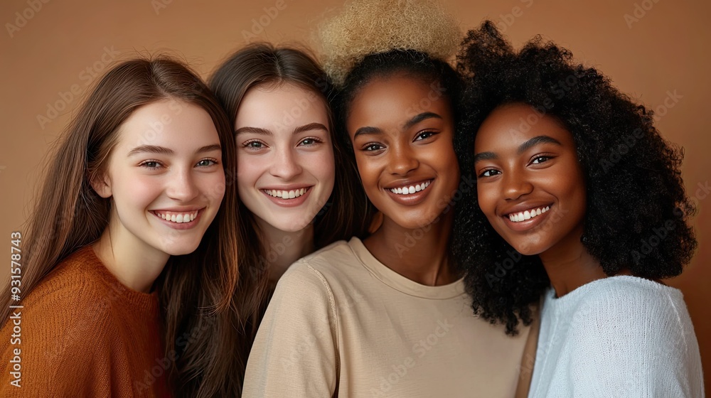 Fototapeta premium Four diverse women with beautiful smiles looking at the camera.