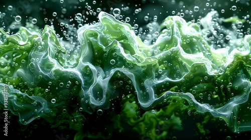 Abstract underwater view of floating green algae and swirling bubbles, creating a mesmerizing organic texture with dynamic fluid movement and ethereal light reflections