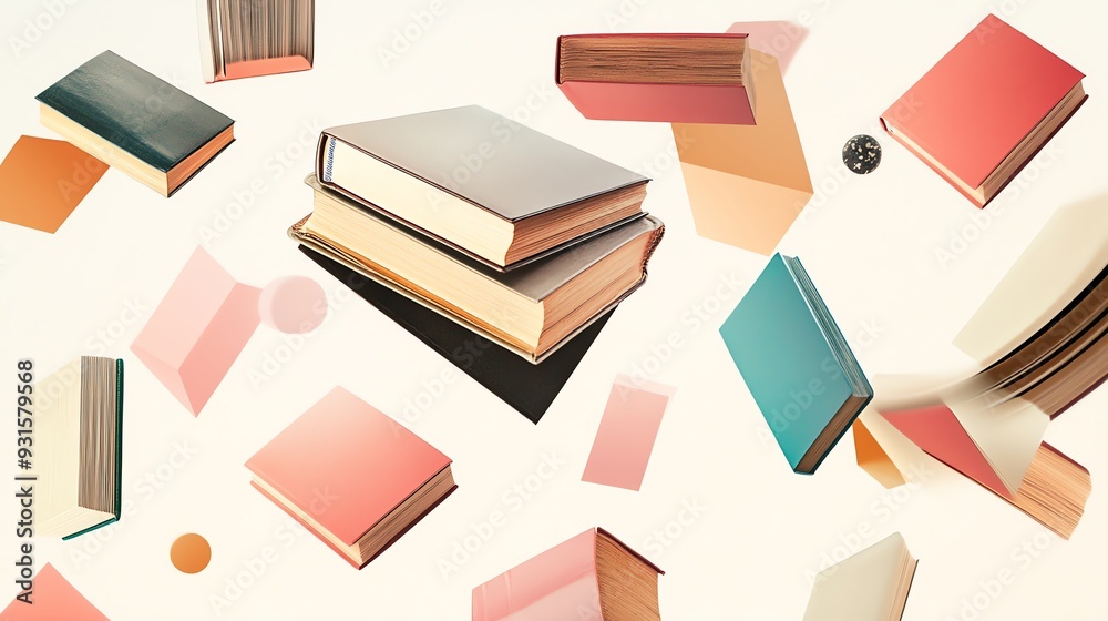 Books and other shapes float against a white background. Books and other shapes float against a white background.