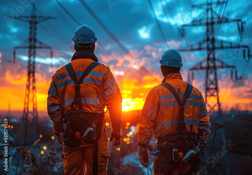 Two utility workers in safety gear stand by power lines at sunset, highlighting teamwork, dedication, and the power industry. photo