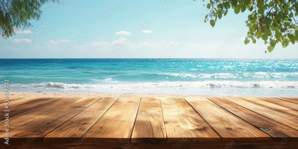 Fototapeta premium Wooden table on a bright beach with turquoise waters. Perfect for summer-themed designs, holiday promotions, or travel ads.