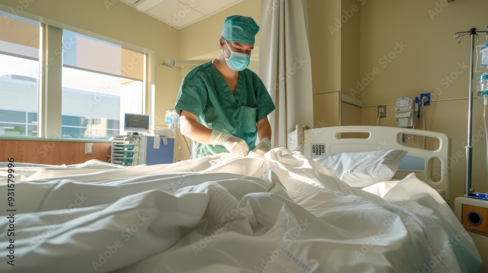 The nurse preparing patient bed. The nurse preparing patient bed.