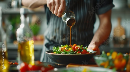 professional chefcook gently pour the sauce on the salad in the kitchen cropped man in apron make vegetarian salad dish for restaurant visitors : Generative AI photo