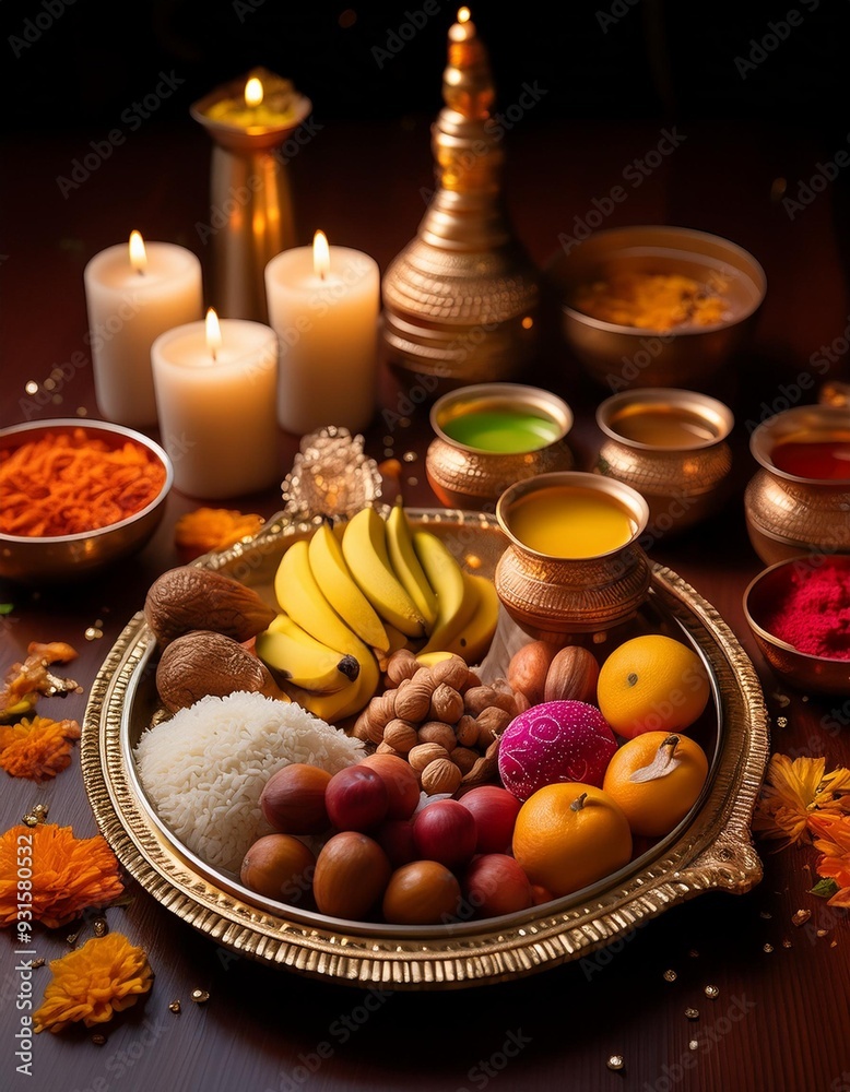 Close-up of a Diwali thali (plate) with various offerings, including fruits, sweets Close-up of a Diwali thali (plate) with various offerings, including fruits, sweets