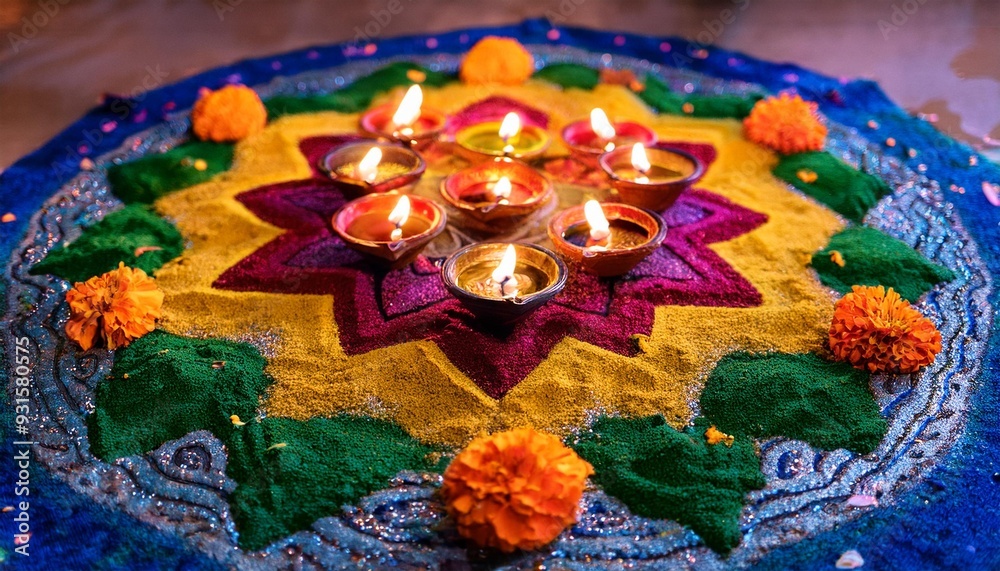 Fototapeta premium Brightly lit Diwali lamps (diyas) arranged in a decorative pattern on a colorful rangoli