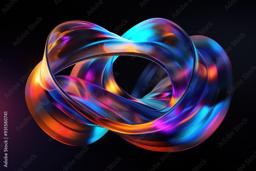 An abstract 3D shape resembling twisted ribbons, with holographic effects and a vibrant spectrum of colors. An abstract 3D shape resembling twisted ribbons, with holographic effects and a vibrant spectrum of colors.