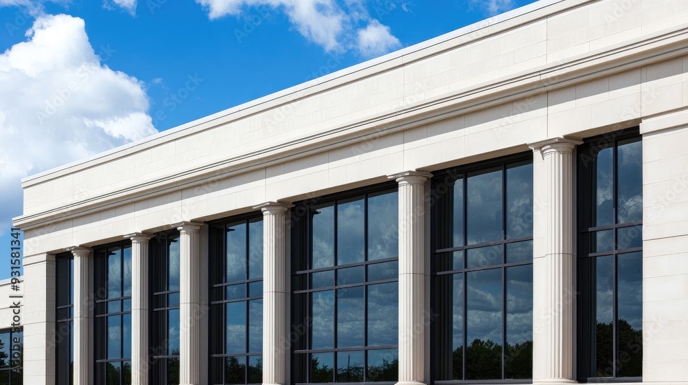 A modern office building features a beige plaster facade with square windows and balconies, reflecting minimalistic architecture against a clear blue sky A modern office building features a beige plaster facade with square windows and balconies, reflecting minimalistic architecture against a clear blue sky