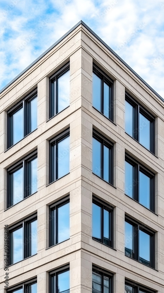 A modern office building features a beige plaster facade with square windows and balconies, reflecting minimalistic architecture against a clear blue sky. A modern office building features a beige plaster facade with square windows and balconies, reflecting minimalistic architecture against a clear blue sky.