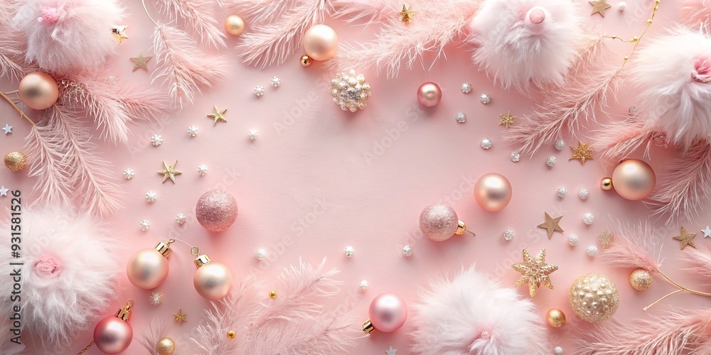 Fototapeta premium Pastel and fluffy pink festive background with delicate decorations, festive, pink, pastel, fluffy, background, delicate