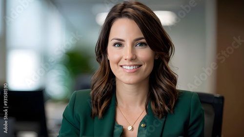 photograph of a woman in green suite sitting at a desk in an office, smiling and looking directly at the camera