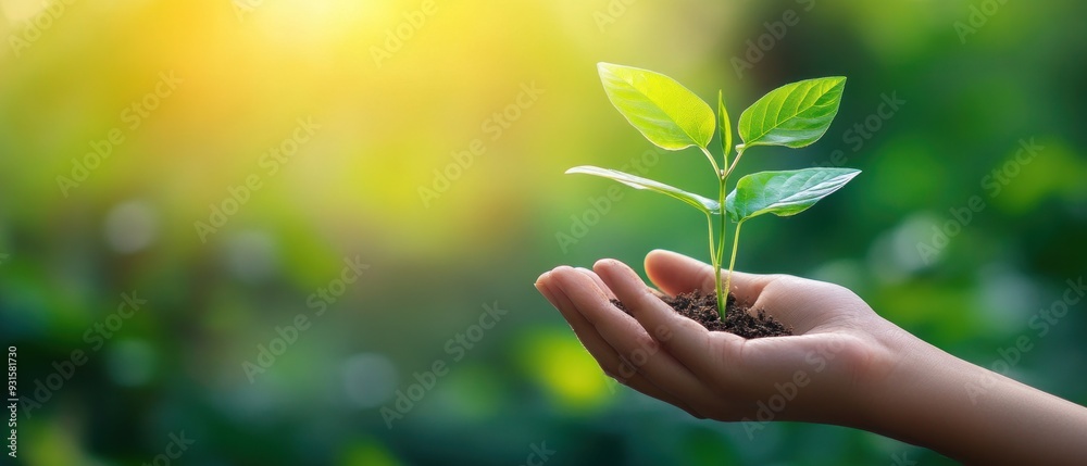 hand holding young plant on blur green nature background. concept eco earth day hand holding young plant on blur green nature background. concept eco earth day