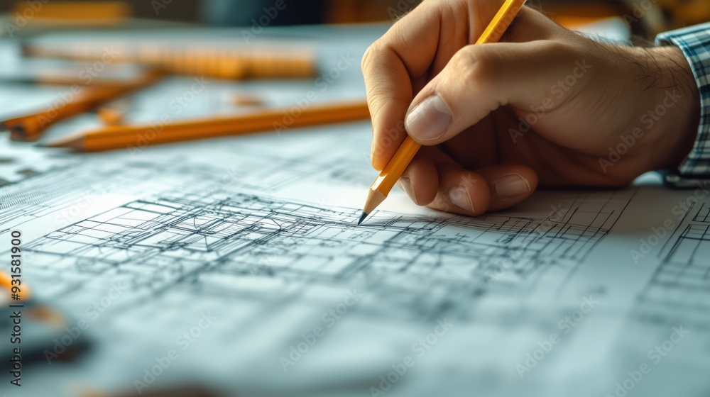 Architect Drawing Floor Plans by Hand. Close-up of an architect's hand meticulously drawing floor plans with a pencil, capturing the traditional aspect of architectural design. Architect Drawing Floor Plans by Hand. Close-up of an architect's hand meticulously drawing floor plans with a pencil, capturing the traditional aspect of architectural design.