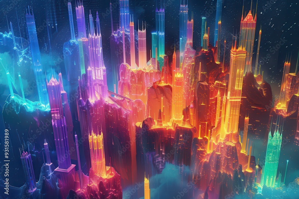 An abstract holographic castle, with towers and walls glowing in various hues. An abstract holographic castle, with towers and walls glowing in various hues.