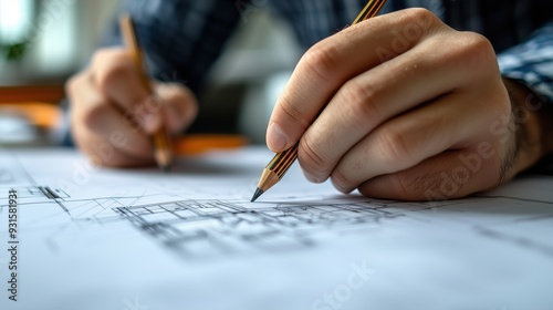 Architect Designing with Pencils on Blueprints. Architect using multiple pencils to create intricate designs on blueprints, demonstrating the hands-on approach in architectural design.