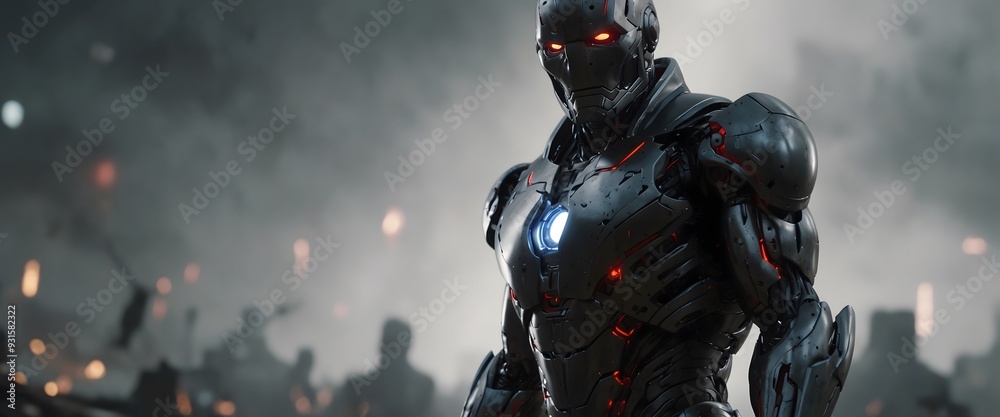 Naklejka premium Hyper realistic armored cybernetic soldier with red light core, Sci-fi and technology art