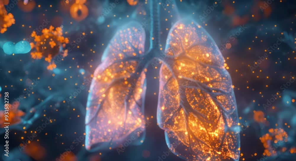 A 3D visualization of human lungs with areas affected by a virus highlighted in neon orange