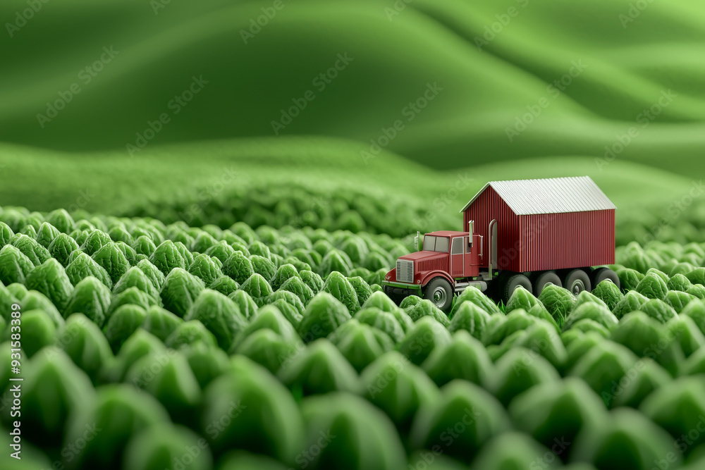 Obraz premium A miniature red truck travels through a lush green landscape, symbolizing adventure and exploration in nature.