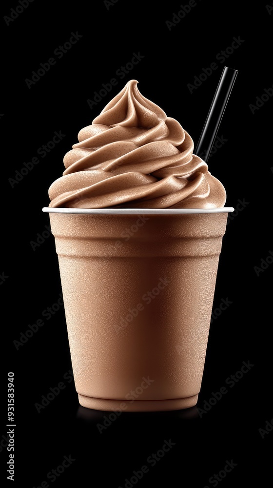 A cup filled with frappuccino topped with rich chocolate cream and scattered pieces of milk chocolate ice cream sits against a sleek black background A cup filled with frappuccino topped with rich chocolate cream and scattered pieces of milk chocolate ice cream sits against a sleek black background