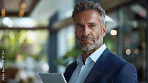 Portrait of confident mature business man executive standing in corporate office using digital tablet Middle aged professional businessman manager wearing suit posing at work in modern : Generative AI