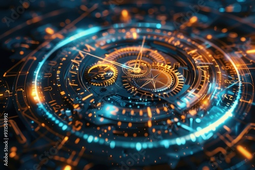 Wallpaper Mural An abstract holographic clock, with moving gears and hands that glow. Torontodigital.ca