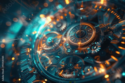 An abstract holographic clock, with moving gears and hands that glow.