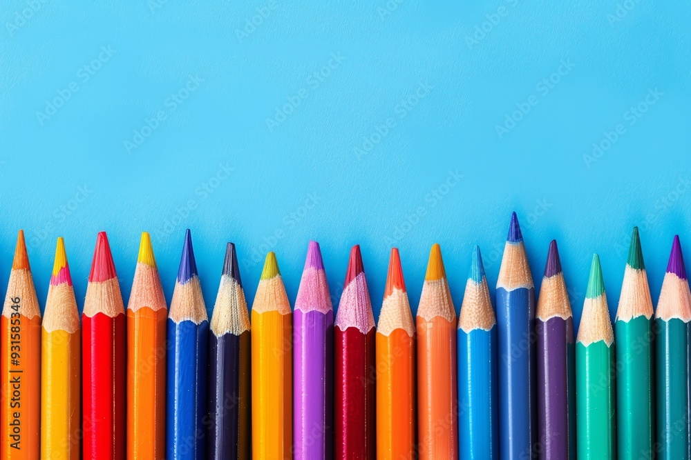 Colorful pencils aligned on a bright blue background. Ideal for school, art, and creative projects. Colorful pencils aligned on a bright blue background. Ideal for school, art, and creative projects.