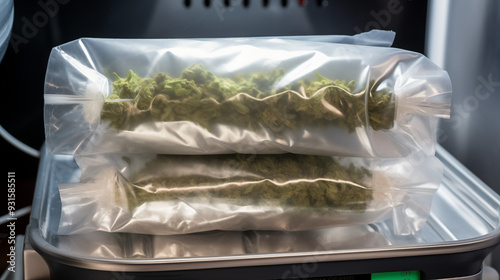 Stacked Vacuum Sealed Bags Of Cannabis Buds For Bulk Storage