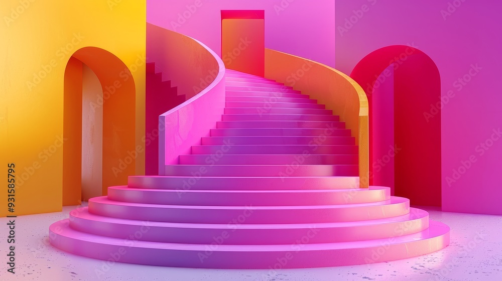 Bright staircase with pink and yellow walls in a modern interior. Perfect for architectural designs, vibrant spaces, or creative backgrounds. Bright staircase with pink and yellow walls in a modern interior. Perfect for architectural designs, vibrant spaces, or creative backgrounds.