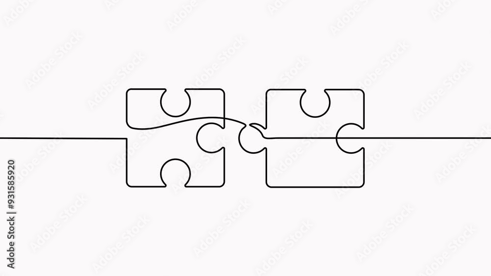 Two connected puzzles line art video. Animated jigsaw pieces continuous one line drawing.
