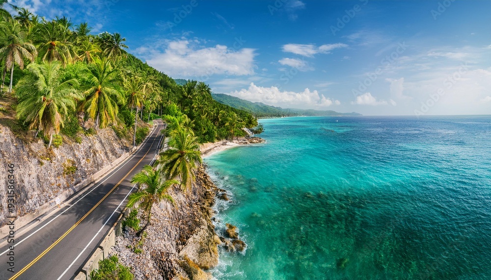 Obraz premium Highway by the Sea: A Scenic Drive Along Turquoise Waters and Palm-Lined Shores