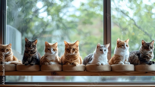 A delightful row of cats sitting peacefully on a windowsill, showcasing various colors and patterns against a serene backdrop.