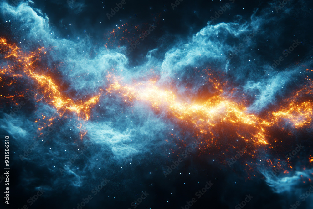 Fototapeta premium Dramatic space scene with a fiery streak and stars against a dark blue sky. Ideal for sci-fi themes, space art, or fantasy visuals.